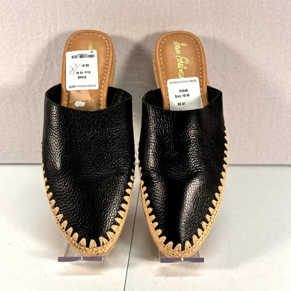 Sam Edelman Black Leather Espadrille Mule Slides Womens 10M Pointed Toe NWOT